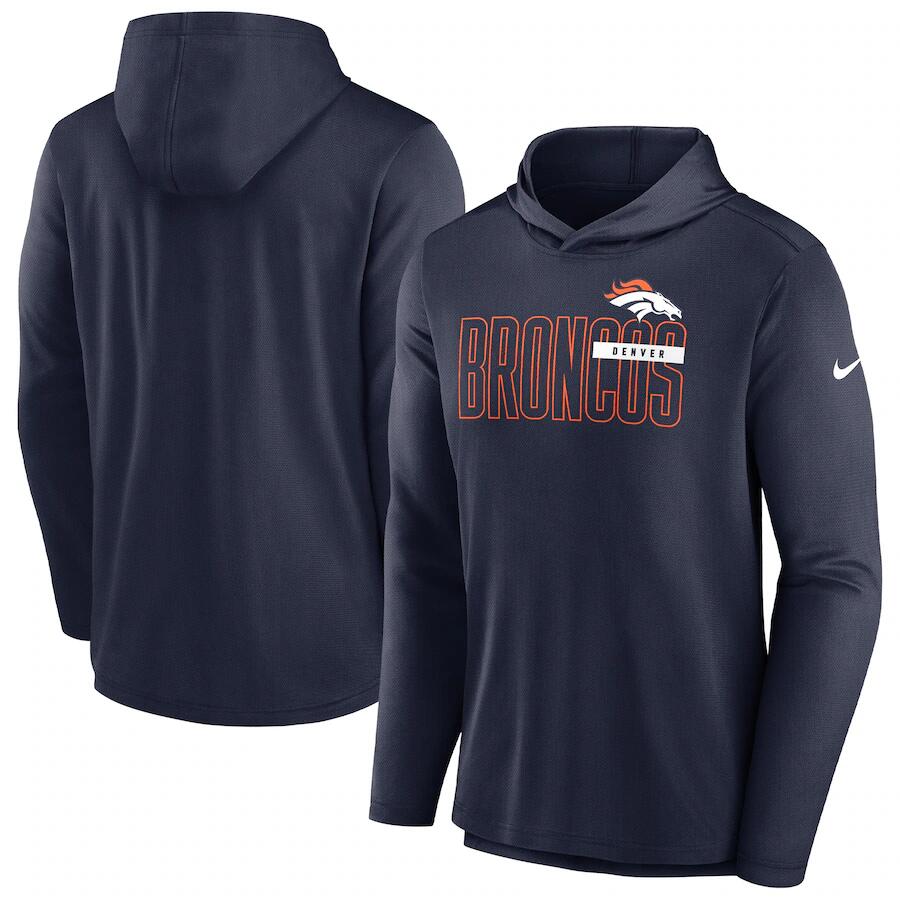 Men's Denver Broncos Navy Lightweight Performance Hooded Long Sleeve T-Shirt